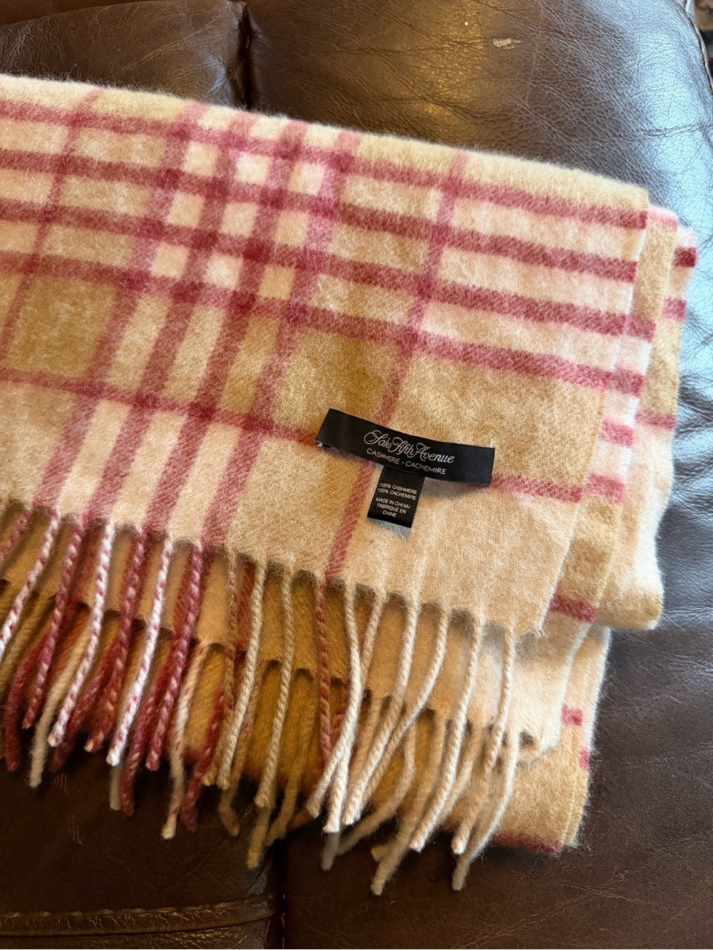 Saks Fifth Avenue Pink and Tan 100%Cashmere plaid scarf